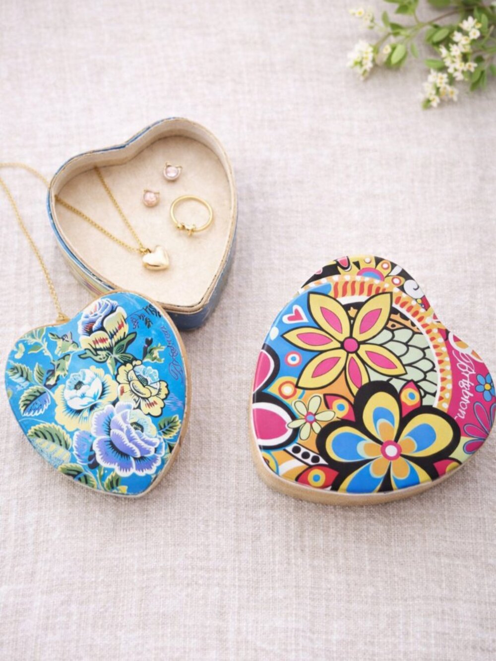 Brighton Heart-Shaped Floral Jewelry Tin Trinket Boxes Set of 2